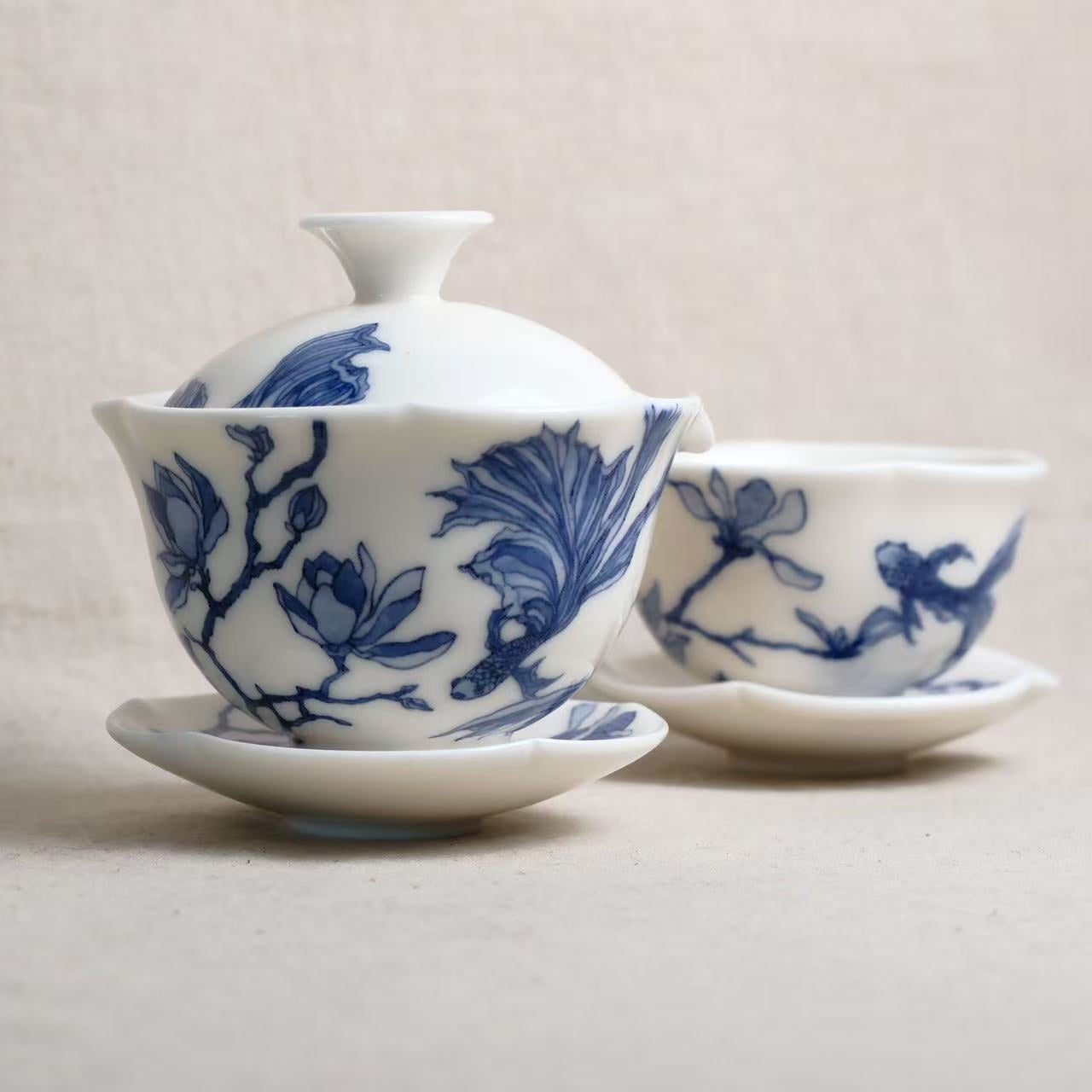 Qinghhua hand painting ceramic tea set 青花盖碗套组| Archi Element